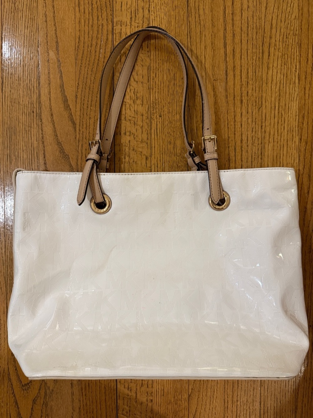 Michael Kors Jet Set White MK Monogram Patent Tote Bag Large